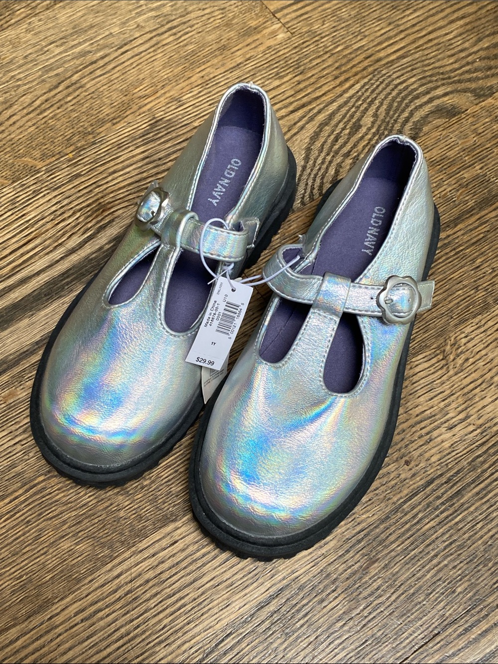 NWT Old Navy Iridescent Silver Mary Jane Kids Shoes youth sz 1